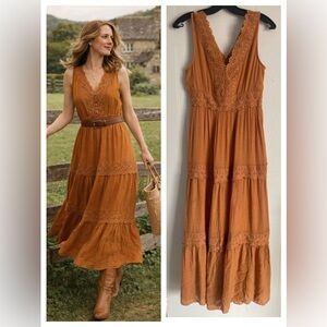 Orange Lace Maxi Dress M Tiered Boho Vintage Feminine Cottagecore